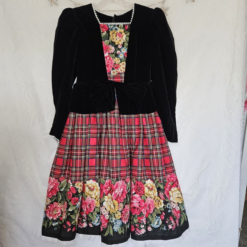 Daisy Kingdom Girls Large XLarge Holiday Dress Velvet Top Plaid Floral Festive